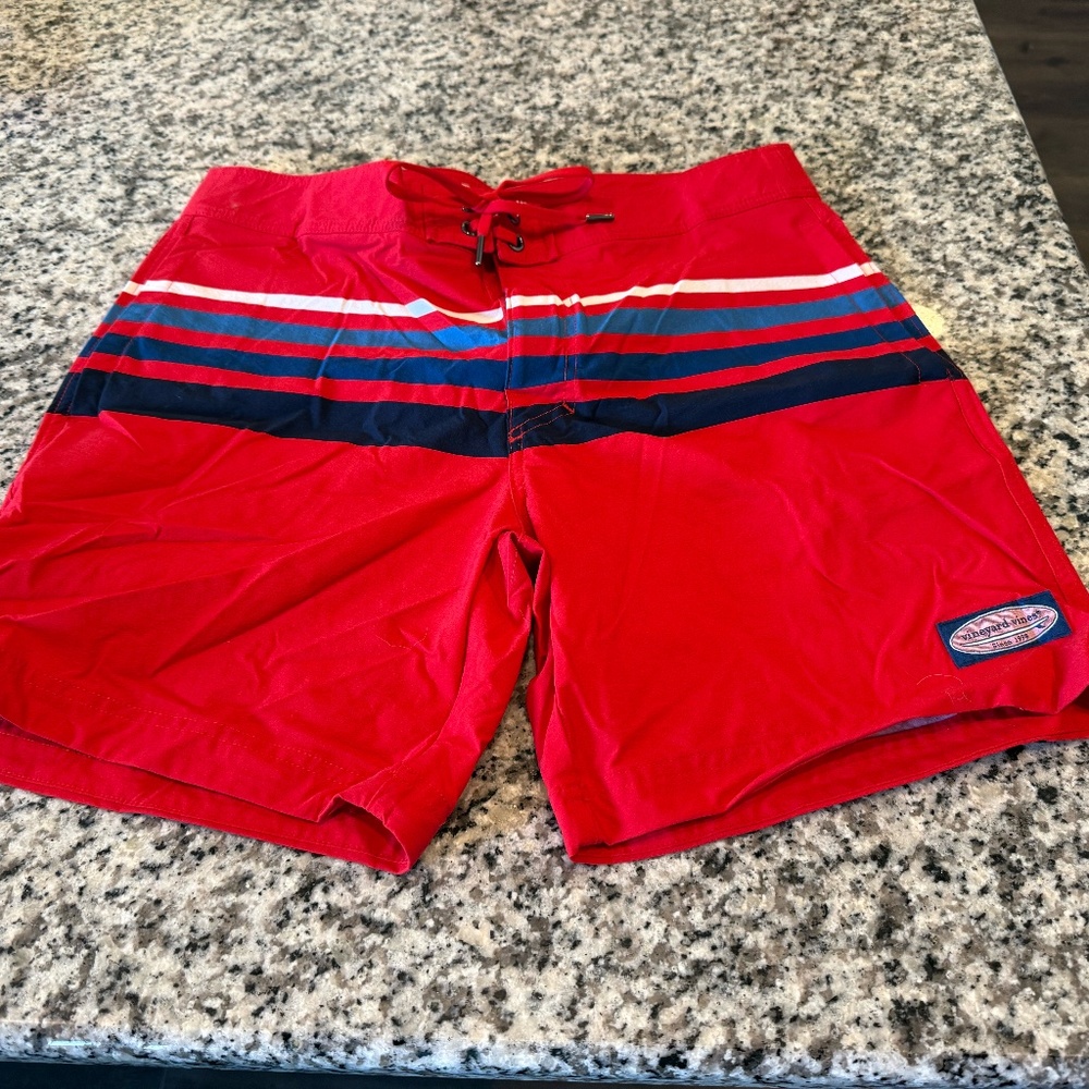 Vineyard Vines Mens 7" Board Shorts Red with White/Blue Stripes - 32